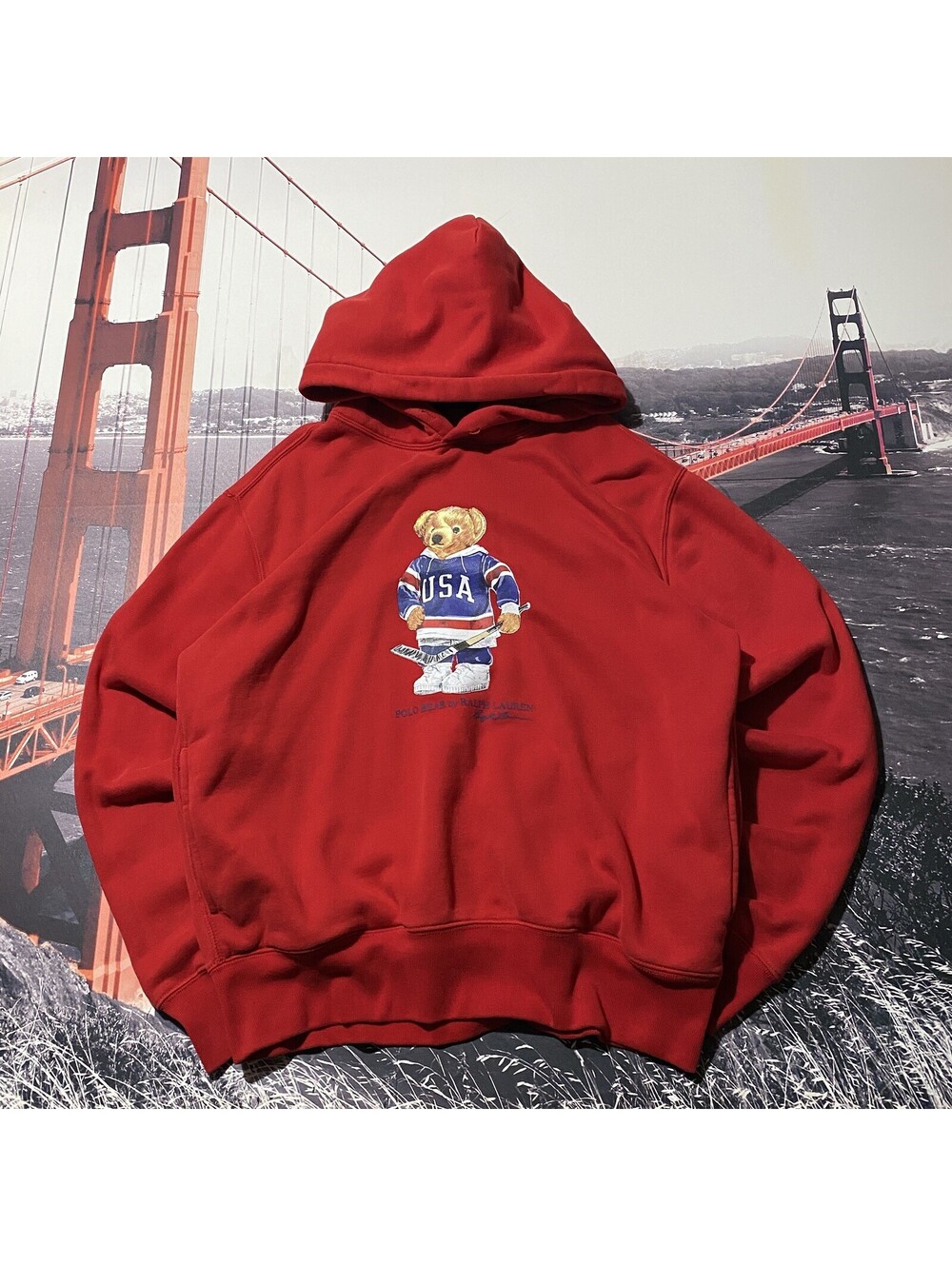 Polo Ralph Lauren Hoodie Mens Large USA Hockey Polo Bear Red Pullover Sweatshirt